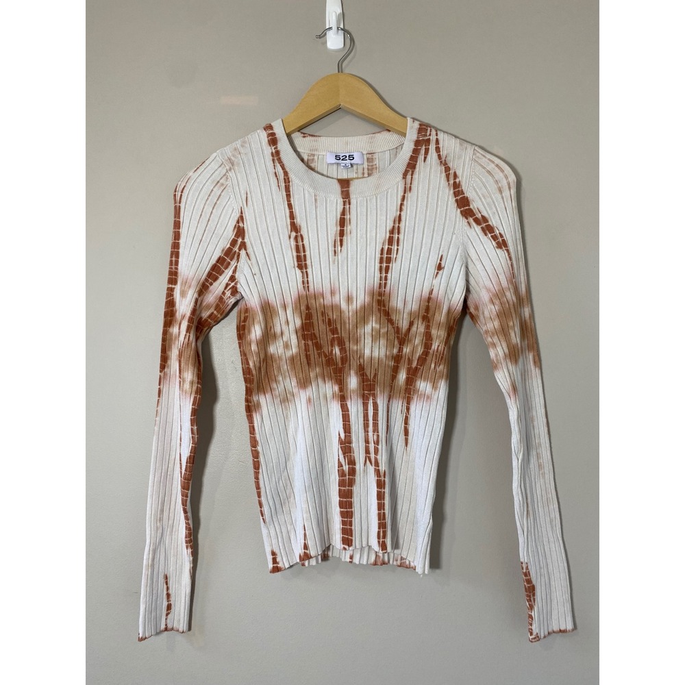 525 America Womens Ribbed Tie Dye Crew Neck Long Sleeve Sweater Cream Rust SMALL